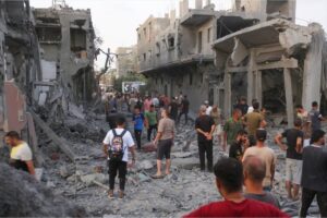 A view of the destruction after an Israeli attack on Deir el-Balah, central Gaza, on Tuesday [Ashraf Amra/Anadolu]