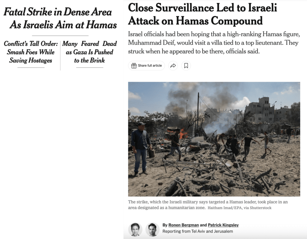 The reader eventually learns of the high Palestinian death toll, but The Times again works to impress upon the reader the hard choices faced by the IDF when fighting Hamas. 