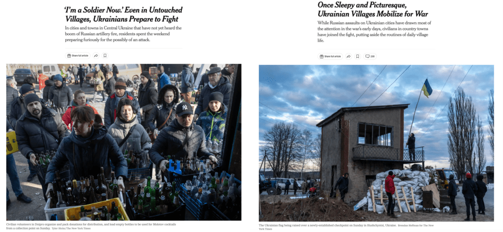 The Times presents Ukrainian civilians and resistance fighters as brave, steadfast warriors.