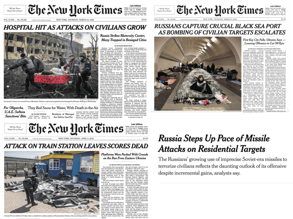 Devastating images splayed across its front pages, accompanied by deeply emotional appeals to the humanity of Ukrainians and the inhumanity of Russian forces, are ubiquitous throughout The Times’ coverage of the war in Ukraine.