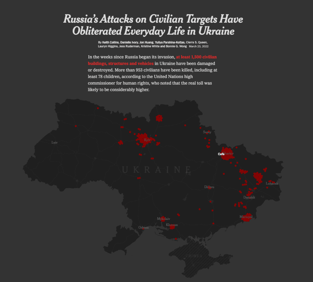 About a month into Russia’s invasion, The Times exhaustively mapped out each and every Russian attack on civilian infrastructure and residential areas in Ukraine.