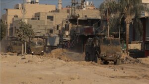 Israeli army patrols at the streets during raid on Nur Shams near the city of Tulkarm after launching a large-scale military offensive in the West Bank, on August 29, 2024.