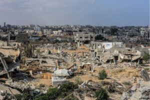 Images of the Israeli military's destruction of homes, buildings, and streets in Khan Younis, Gaza, August 2024