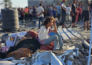 At least 40 Palestinians were killed and dozens of others injured in Israeli air strikes on a tent encampment in Khan Younis, in the southern Gaza Strip [Hani Alshaer/Anadolu Agency]