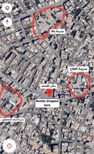 Map showing locations of 3 vaccination sites and bombing site.