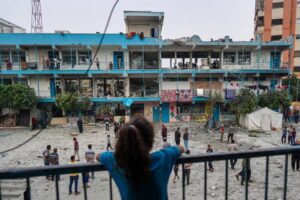 View of a school housing displaced people that was hit during Israeli bombardment in Nuseirat, in the central Gaza Strip, in June.