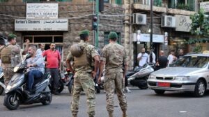 Lebanese army soldiers stand guard near a hospital in Beirut on Sept. 17. Photo: Anwar Amro/AFP via Getty Images