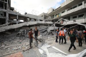 View of the damage after Israeli forces targeted the Ibn al-Haytham School east of Gaza City. [Dawoud Abo Alkas/Anadolu]