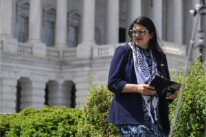 Rep. Rashida Tlaib, D-Mich., in front of the Capitol building in Washington, D.C., on May 8, 2024. Photo: Celal Gunes/Anadolu via Getty Images