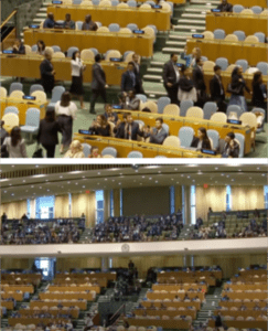 (top) UN diplomats, their teams, and other attendees walk out of the chamber as Israeli PM Netanyahu walks in to speak. (bottom) Empty seats in the UN General Assembly chamber, a cheering crowd in the gallery, which is filled with guests invited by PM Netanyahu (screengrabs)