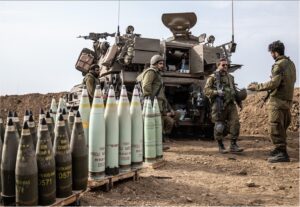 Artillery shells in Sderot, Israel, on Oct. 9, 2023, labeled D528 — the US Department of Defense Identification Code for “white phosphorus-based munitions,” use of which Amnesty International said could be evidence of war crimes. (Photo by Mostafa Alkharouf/Anadolu Agency via Getty Images)