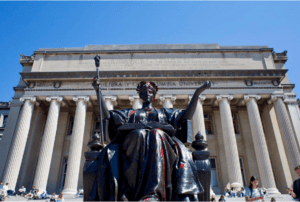 The statue of Alma Mater, on the steps of Columbia’s library, was soaked in red as the protests resumed. (Photo: via NationalSJP TW Page)