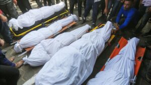 Bodies of Palestinians who lost their lives after the Israeli attack, are brought to al-Aqsa Martyrs Hospital in Deir Al Balah, Gaza on September 06, 2024.