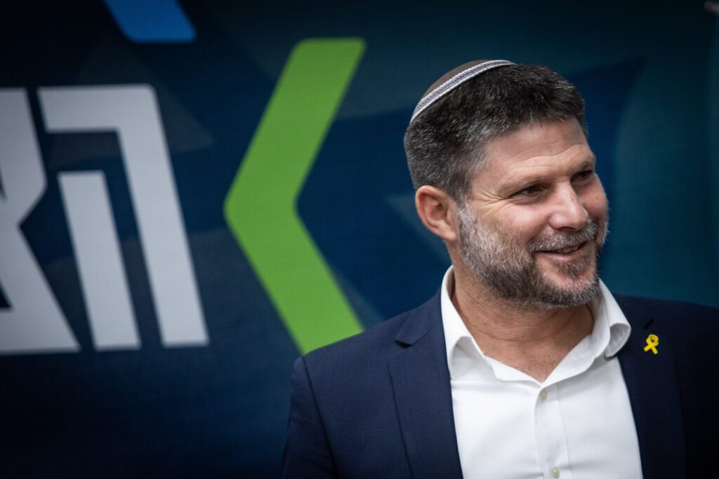 Minister of Finance and Head of the Religious Zionist Party Bezalel Smotrich leads a faction meeting at the Knesset in Jerusalem, July 22, 2024. (Oren Ben Hakoon/Flash90)