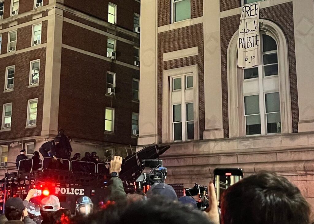 NYPD prepare to raid Palestine protesters encamped in Columbia University's Hamilton Hall, which had been renaimed "Hind's Hall" in honor of Hind Rajab, on April 30, 2024. (Photo: @ColumbiaSJP/Twitter)