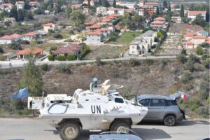 This photo is taken from Lebanon showing the Israeli border as the United Nations Interim Peacekeeping Forces (UNIFIL) patrol the border-line between Lebanon and Israel, at the Lebanese town of Dhayra on October 11, 2023