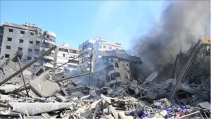 A view of damaged building after Israeli airstrike on Beirut, Lebanon on October 3, 2024. It was reported that 6 people were killed and several people were wounded in the attacks.