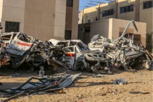 Dozens of ambulances are destroyed during the Israeli raids on Nasser Hospital as the repairmen try to provide parts from ambulances that are out of use and put them into use again as the Israeli attacks continue in Khan Yunis, Gaza on October 9, 2024