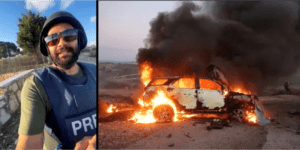 Reuters journalist Issam Abdallah (left) is seen in a selfie video image on October 13, 2023, on the day and at the site in southern Lebanon where he was killed by Israeli tank fire in cross-border strikes that wounded six others, including two Al Jazeera crew members whose car was destroyed.