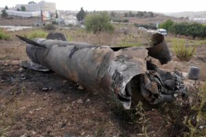 A view of the one of the remains of the ballistic missile fired from Iran to Israel hit the Jewish settlement of Beit El in Ramallah, West Bank on October 02, 2024.