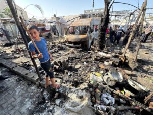 More than 25 Palestinians were killed when Israeli occupation jets struck a school and tents housing the displaced around Al-Aqsa Martyrs Hospital, Deir Al-Balah, in the besieged Gaza Strip on 14 October 2024