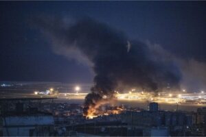 Smoke and flames rise following an Israeli attack on the southern Dahiyeh area of Beirut, on Sunday