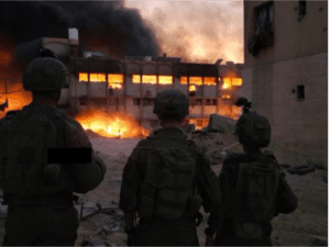 Israeli soldiers of the 432 battalion share on their private accounts scenes showing them burning Hamed School, Next to Indonesi Hospital in Jabaliya refugee camp.