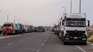 Thousands of aid trucks are waiting on the Egyptian side of the Rafah border crossing waiting to enter Gaza.