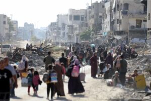 Displaced Palestinians on the border of Jabalia refugee camp were forcibly displaced by the Israeli army to southern areas with only the belongings they could carry in Jabalia, Gaza on October 22, 2024