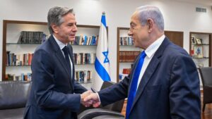 Israeli Prime Minister Benjamin Netanyahu welcomes the U.S. Secretary of State Antony Blinken in Tel Aviv.