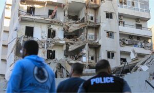 The site of an overnight Israeli airstrike that targeted a branch of the Al-Qard Al-Hasan financial group in Beirut