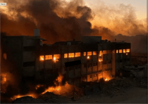 One of the mages posted to social media by Israeli soldiers, indicating that the army set shelters in Jabaliya on fire after forcibly evacuating Palestinians, to prevent them from returning.