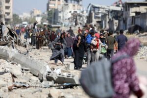 Displaced Palestinians on the border of Jabalia refugee camp began to be forcibly displaced by the Israeli army to the southern areas with the belongings they could take with them in Jabalia, Gaza on October 22, 2024.