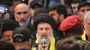 Hashim Safi Al-Din (center) participates in the funeral of Hezbollah senior commander Sayyed Fouad Shokor in Beirut, Lebanon, on Aug. 1, 2024.