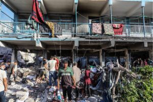 Civil defense teams and civilians carry out search and rescue operations from the rubbles after an Israeli attack at the school of United Nations Relief and Works Agency for Palestine Refugees in the Near East (UNRWA) at Nuseirat Refugee Camp in Gaza City, Gaza on September 11, 2024.