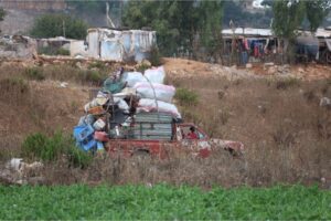 Dozens of families were seen leaving the border village of Wazzani in southern Lebanon, after the Israeli army dropped leaflets ordering the evacuation of the village, September