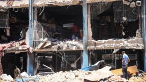 Here the charred hulk of an Unrwa clinic in the Jabalia refugee camp can be seen after it was torched by Israeli forces before they left on 30 May 2024