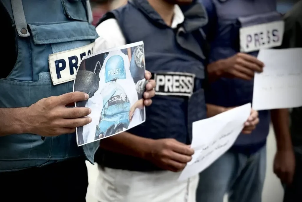 Journalists gathered in front of Nasser Hospital in Khan Yunis city, south of the Gaza Strip, to protest the targeting of Anadolu’s freelance cameraman Hassan Hamad and other journalists who were killed in the Israeli attacks on Gaza, in Khan Yunis, Gaza on October 6, 2024.