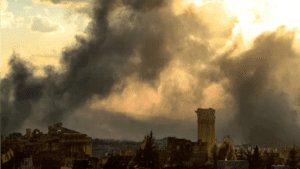 Baalbek's ancient ruins under clouds of black smoke from Israeli airstrikes. 31 October, 2024.