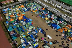 An aerial view of encampment as pro-Palestinian student protesters continue demonstrations during the second week of the ‘Gaza Solidarity Encampment’ at Columbia University in New York, United States on April 28, 2024