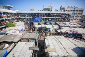 A view of Deir el-Balah Secondary School, run by the United Nations Relief and Works Agency for Palestine Refugees in Near East (UNRWA), as Palestinians take refuge to escape Israeli attacks in Deir el-Balah, central Gaza, on November 7, 2024