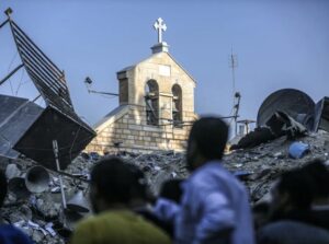 A view of the damaged historical Greek Orthodox Saint Porphyrius Church, where civilians took shelter, after Israeli airstrike in Gaza City, Gaza on October 20, 2023.