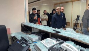 Shattered glass after a raid by Israeli soldiers, Turkish hospital in Tubas, occupied West Bank, 3 December 2024