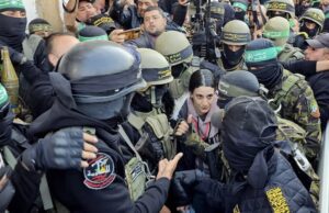 Israeli female hostage, Arbel Yehud held in Gaza is handed over to Red Cross teams at Yahya Sinwar's house in Khan Younis, Gaza on January 30, 2025.