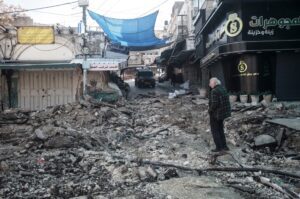 An elderly Palestinian man stands in the middle of a destroyed market during an Israeli military raid on the city of Tulkarem and Tulkarem refugee camp in the occupied West Bank.