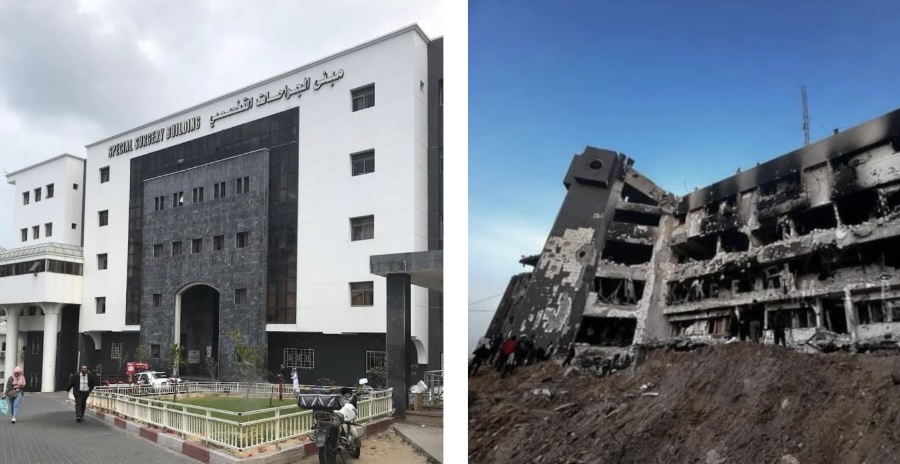 Al-Shifa Hospital, Gaza's largest medical facility - before it was destroyed by Israel, and after.