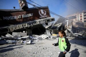 A bakery shop is destroyed at Nuseirat Refugee Camp after Israeli airstrikes in Deir al Balah, Gaza on October 18, 2023.