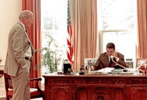 Then-President Ronald Reagan speaks to Israeli Prime Minister Menachem Begin on Aug. 12, 1982, to express his disapproval of Israel’s bombing of Beirut.