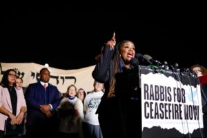 Rep. Cori Bush speaks at a news conference calling for a ceasefire in Gaza outside the U.S. Capitol building on Nov. 13, 2023, in Washington, DC.