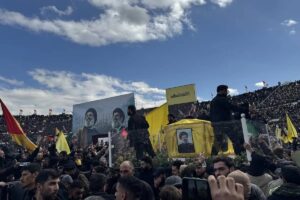 Thousands of mourners gather at Camille Chamoun Sports City Stadium for the funeral of former Hezbollah chief Hassan Nasrallah in Beirut, capital of Lebanon on February 23, 2025.